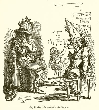 Guy Fawkes przed i po torturach autorstwa John Leech