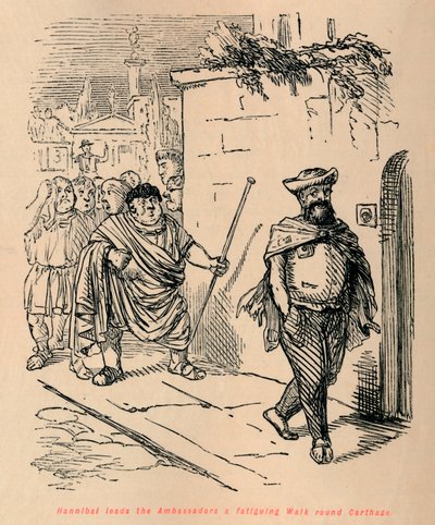 Hannibal prowadzi ambasadorów męczący spacer po Kartaginie, 1852 r. autorstwa John Leech