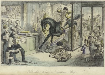 Herkules bierze sklep Drapera autorstwa John Leech