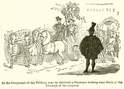 Na pierwszym planie Tableau można zauważyć patrycjusza, który patrzy na triumf generała w bardzo czarnych barwach. autorstwa John Leech