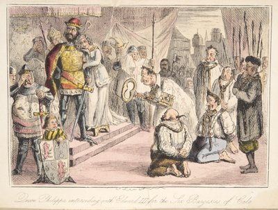 Królowa Filipa wstawia się u Edwarda III w sprawie sześciu mieszczan z Calais, z The Comic History of England, wyd. 1864 (akwaforta ręczna) autorstwa John Leech