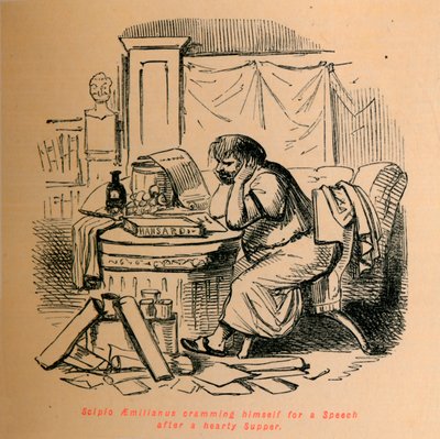 Scypion Aemilianus wkuwa się do przemówienia po obfitej wieczerzy, 1852 r. autorstwa John Leech