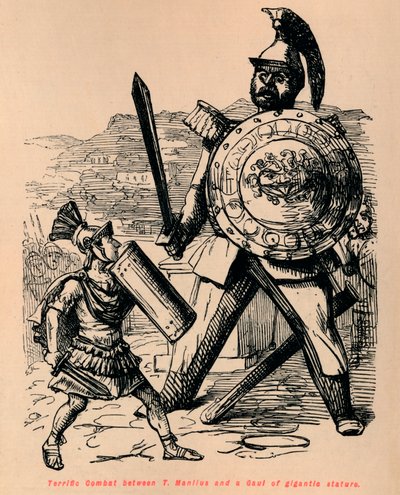 Wspaniała walka między T Manliusem a gigantycznym Galem, 1852 autorstwa John Leech