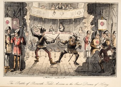 Bitwa pod Bosworth Field: scena z wielkiego dramatu historii, z The Comic History of England, wyd. 1864 (akwaforta ręczna) autorstwa John Leech