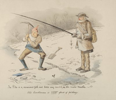 Szczupak jest żarłoczną rybą i kąsa chętnie w miesiącach zimowych – Old Gentleman..., 1830-64. autorstwa John Leech