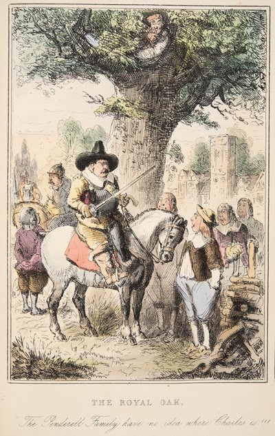 Dąb Królewski. Rodzina Penderellów nie ma pojęcia, gdzie jest Charles!!!, z The Comic History of England, wyd. 1864 (akwaforta ręczna) autorstwa John Leech