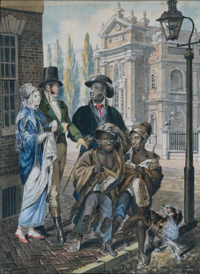 Światowy lud kwestionujący kominiarzy i ich mistrza przed kościołem Chrystusa..., 1811-ca. 1813. autorstwa John Lewis Krimmel