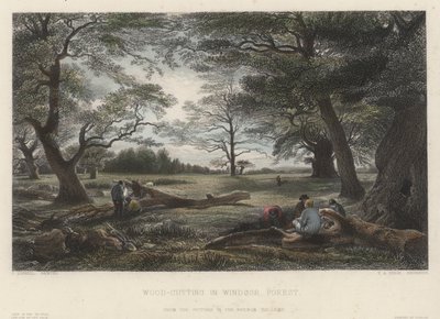 Wycinanie drewna w lesie Windsor (kolorowe grawerowanie) autorstwa John Linnell