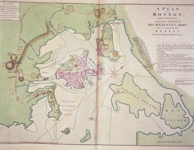 Plan Bostonu i okolic pokazujący położenie sił brytyjskich i rebelianckich sił amerykańskich, sporządzony w październiku 1775 r., wydrukowany w „The North American Atlas” autorstwa John Lodge