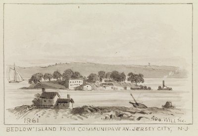 Bedloe Island od Communipaw Ave., Jersey City, NJ, 1861 autorstwa John M. August Will