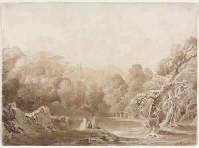 Mężczyzna grający na harfie z innymi postaciami nad jeziorem, 1820. autorstwa John Martin