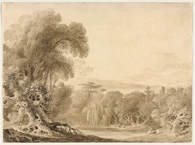 Postacie siedzące nad jeziorem w zalesionym krajobrazie, 1820 r. autorstwa John Martin