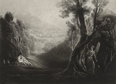 Kontemplacja szatana i Ewa w raju, c.1827 (mezzotinta) autorstwa John Martin