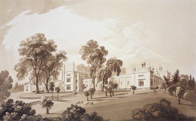 Widok farmy z ekranem do stajni i budynków gospodarczych do Sezincote House, wyryty przez Fredericka Christiana Lewisa seniora. (1779-1856), ok. 1817-18 (akwatinta w sepii) autorstwa John Martin