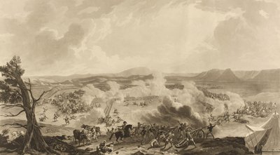 „Bitwa pod Kirkee stoczyła się 5 listopada 1816 r., kiedy to pamiętna okazja 4785 [sic] wojsk brytyjskich pokonała Armię Mahratty” (akwatinta, kolorowa) autorstwa John Massey (after) Wright