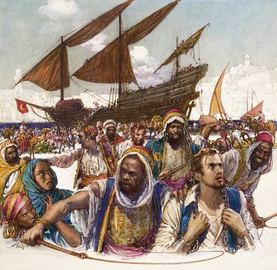 Jeńcy arabscy wyprowadzani w łańcuchach z doków, w tle dhow autorstwa John Millar Watt