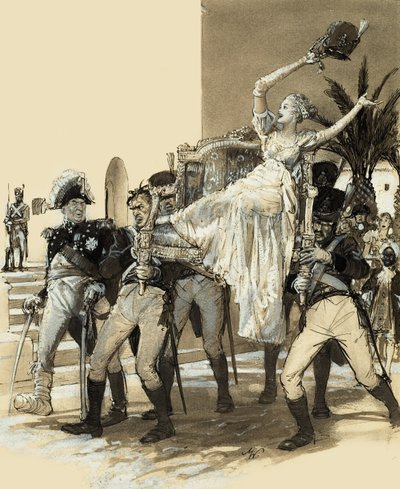 Dziewczyna niesiona przez żołnierzy (gwasz na papierze) autorstwa John Millar Watt