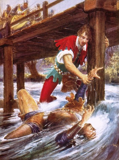 Robin Hood ratujący Małego Johna z rzeki autorstwa John Millar Watt