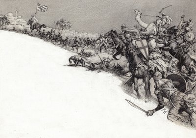 Saraceni atakujący Jerozolimę (gwasz na papierze) autorstwa John Millar Watt