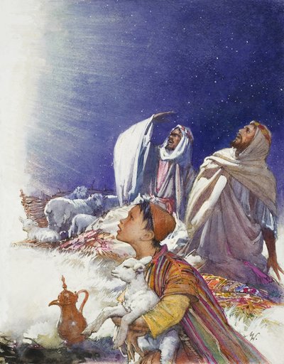 Opowieść wigilijna: Opowieść o pasterzach (gwasz na papierze) autorstwa John Millar Watt