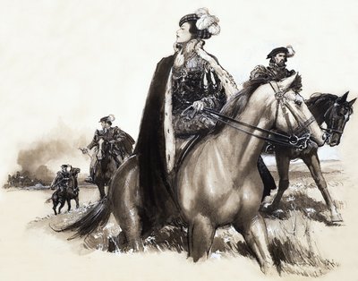 Niezidentyfikowana królowa opuszczająca dymiące miasto pod eskortą autorstwa John Millar Watt