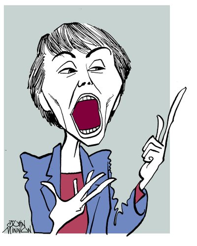 Camille Paglia - karykatura z otwartymi ustami autorstwa John Minnion