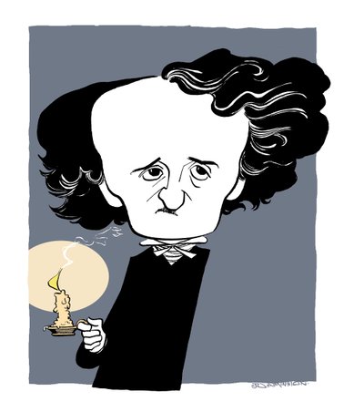 Edgar Allan Poe - karykatura, trzymający świecznik autorstwa John Minnion