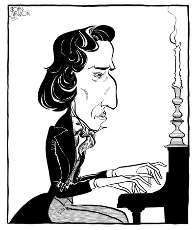 Fryderyk Chopin - karykatura polskiego kompozytora i pianisty grającego na fortepianie autorstwa John Minnion