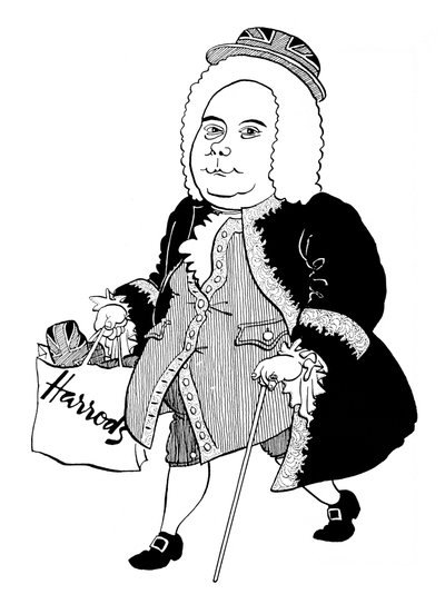 Georg Friedrich - George Frideric Handel - karykatura niemieckiego (później angielskiego) kompozytora w czapce Union Jack i z torbą Harrodsa autorstwa John Minnion