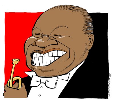 Louis Armstrong - karykatura, grający na trąbce autorstwa John Minnion