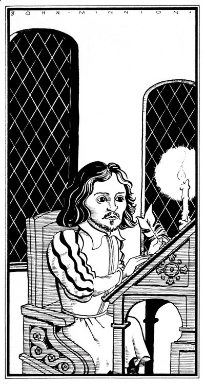 Thomas Tallis - karykatura siedzącego przy biurku angielskiego kompozytora - 30 stycznia 1505 - 23 listopada 1585 autorstwa John Minnion