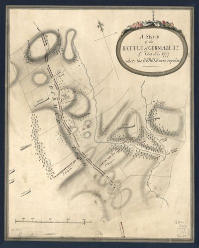 Szkic bitwy o Niemcy. Tn., 4. Październik 1777, gdzie rebelianci zostali odparci. LOC gm71000932 autorstwa John Montresor