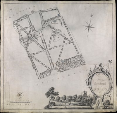 Plan parku Greenwich z Królewskim Obserwatorium, wzgórzem One Tree Hill i Domem Strażnika autorstwa John Morton