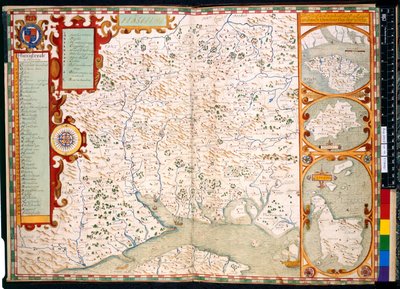 Dodać. 31853, ff.23-24, Southampton, Hampshire: Opis, J. Norden, z mapą: 1595 (kolorowe grawerowanie) autorstwa John Norden