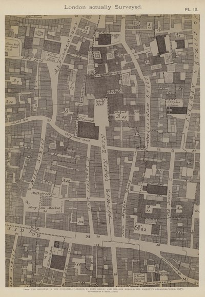 Mapa części londyńskiego City, pokazująca lokalizację Guildhall autorstwa John Ogilby