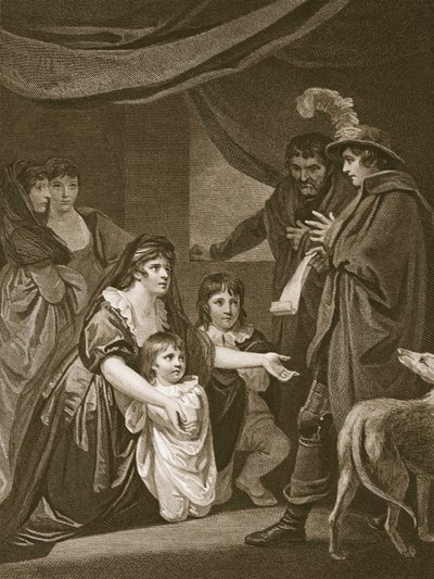 Lady Elizabeth Gray błagająca Edwarda IV o ochronę swoich dzieci, grawerowana przez W. Bromleya, ilustracja z „Historii Anglii” Davida Hume