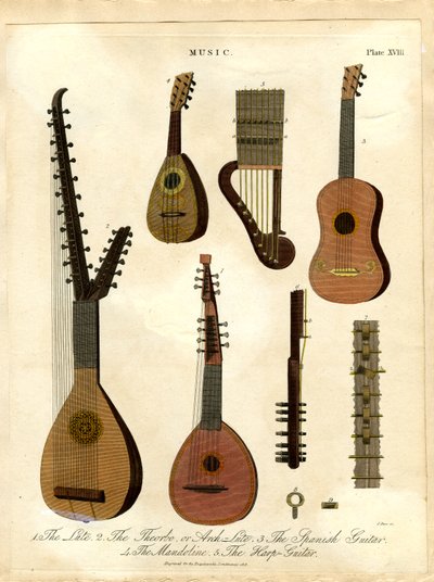 Lutnia, teorba lub lutnia łukowa, gitara hiszpańska, mandolina, harfa-gitara autorstwa John Pass