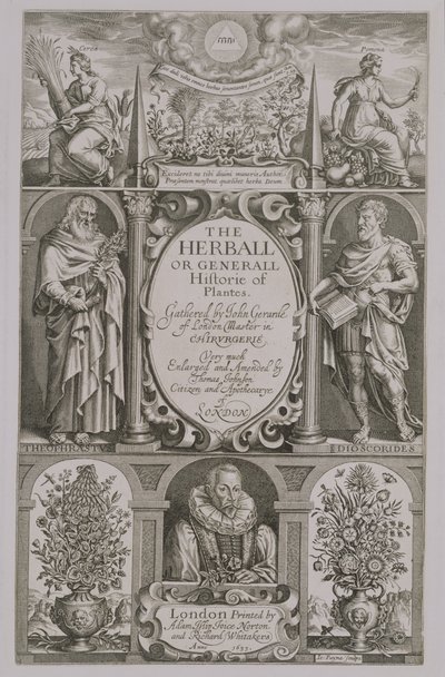 Strona tytułowa do drugiego wydania "Herballa" Johna Gerarda (1564-1612) 1633 autorstwa John Payne