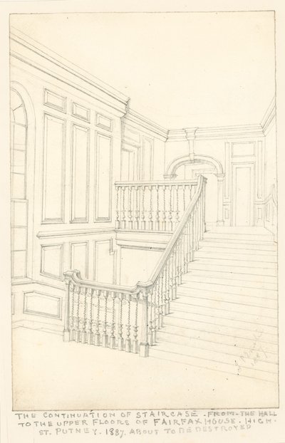 Kontynuacja klatki schodowej, od holu do wyższych pięter, Fairfax House, High Street, Putney, 1887 autorstwa John Phillipp Emslie
