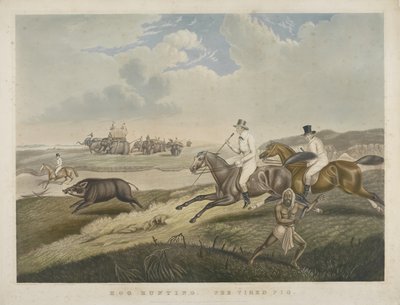 Hog Hunting: The Tired Pig, grawerowane przez S.W. Fores (1785-1825) ok. 1840 (akwatinta ręcznie kolorowana) autorstwa John Platt