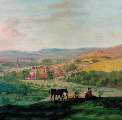 Widok z XVIII w. na Haddon Hall z wioską Bakewell w tle autorstwa John Raphael Smith