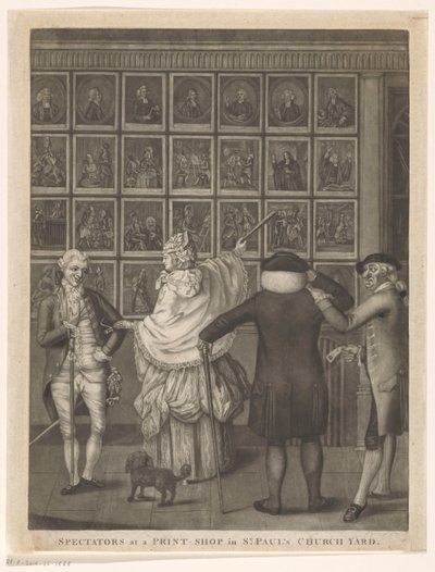 Cztery osoby przed oknem drukarni Carrington Bowles w Londynie Widzowie w drukarni na dziedzińcu kościoła św. Pawła (tytuł na obiekcie) autorstwa John Raphael Smith