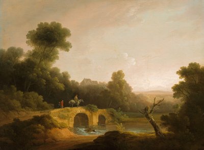 Krajobraz z postaciami przechodzącymi przez most, 17901800 autorstwa John Rathbone