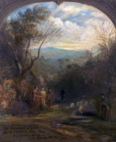 Oryginalny szkic wielkich schodów w opactwie Newstead, Nottinghamshire, 1832 autorstwa John Rawson Walker