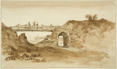 Tymczasowy most na Coronation Road naprzeciwko New Gaol, ok. 1821 (mycie ołówkiem i sepią na papierze) autorstwa John Reverend Eden