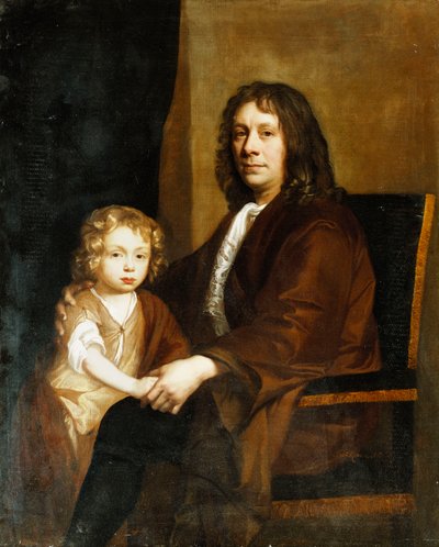 Portret Thomasa Rowe i jego syna, siedzący trzy czwarte długości, pierwszy w brązowej sukni, drugi w brązowej sukience i szaliku, autorstwa John Riley