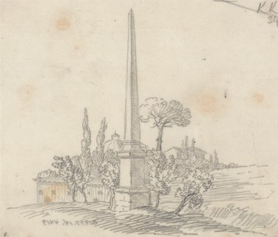 Obelisk z dachami i drzewami w oddali autorstwa John Robert Cozens