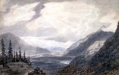 PD.6-1965 Pays de Valais, niedaleko Jeziora Genewskiego, ok. 1776 (indyjski tusz, ołówek i pranie na papierze) autorstwa John Robert Cozens