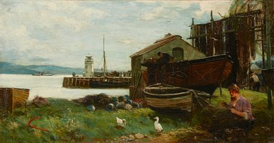 Reperowanie sieci, Ardrishaig (olej na płótnie) autorstwa John Robertson Reid