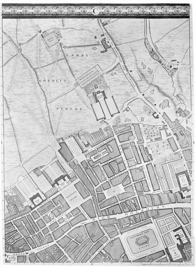 Mapa Bloomsbury i Holborn, Londyn, 1746 r autorstwa John Rocque